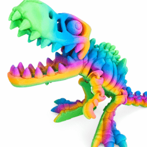 Rainbow-colored dinosaur t-rex skeleton model with open jaws and sharp teeth, possibly for educational purposes.