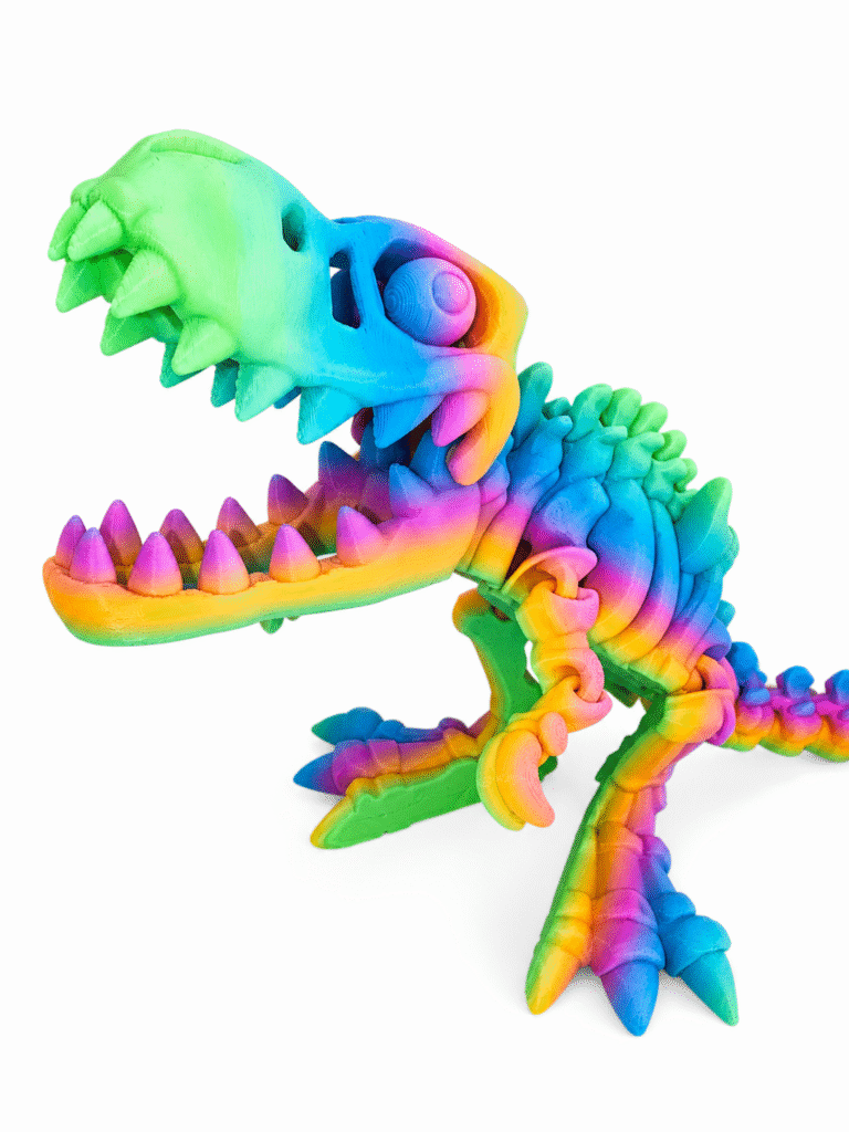 Rainbow-colored dinosaur t-rex skeleton model with open jaws and sharp teeth, possibly for educational purposes.