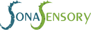 Sonasensory logo with stylized seahorse designs
