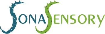Sonasensory logo with stylized seahorse designs