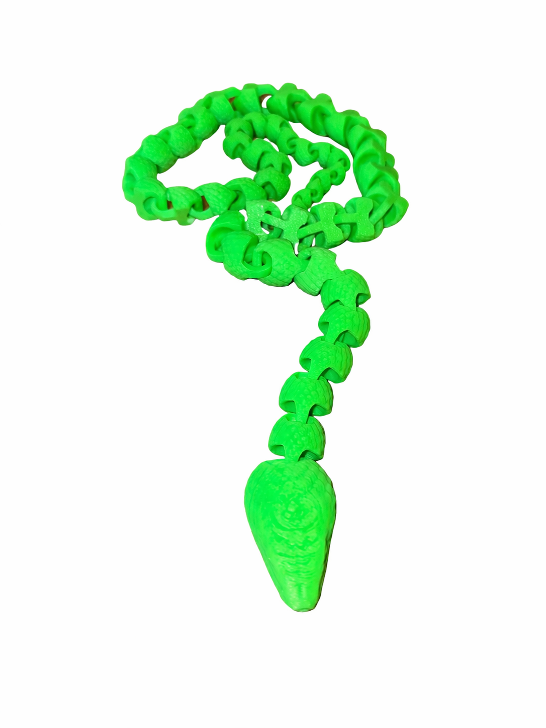 Green Fidget Snake White Bg Green Scaled Fidget Snake toy. Flexible, scaled design for fidgeting and play.