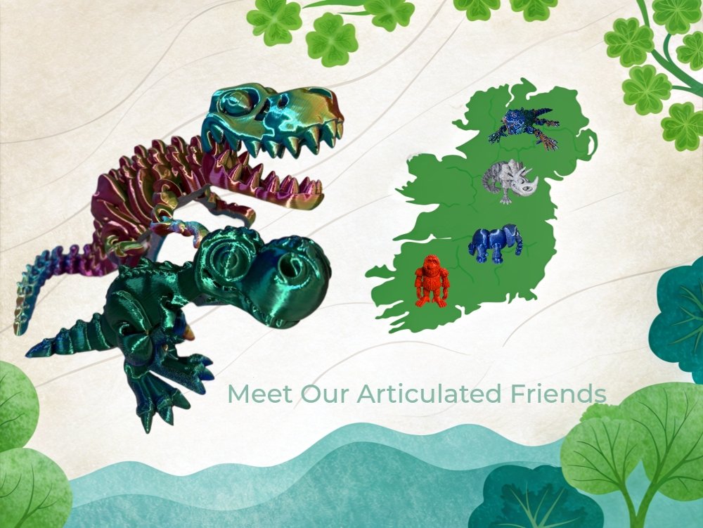 Articulated dinosaur toys on Ireland map; Meet Our Articulated Friends