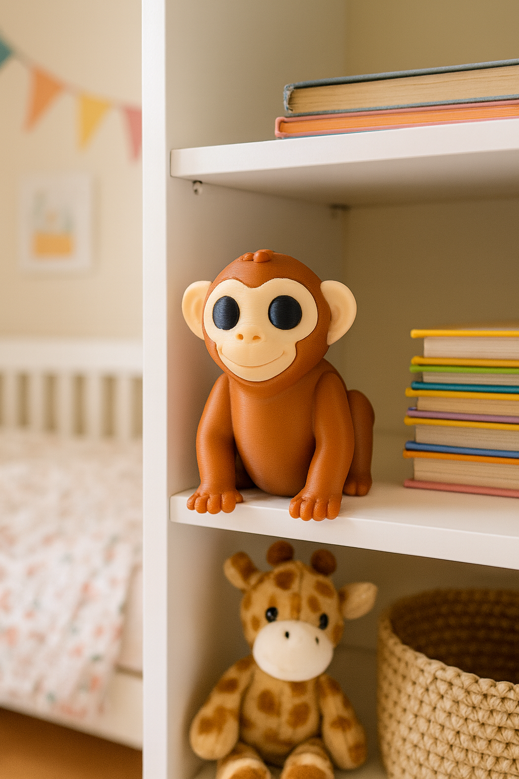 Brown Monkey figurine, perfect for kids' toys, nursery decor. A cute animal figurine on a white shelf. Brown Monkey figurine, perfect for kids' toys, nursery decor. A cute animal figurine on a white shelf.