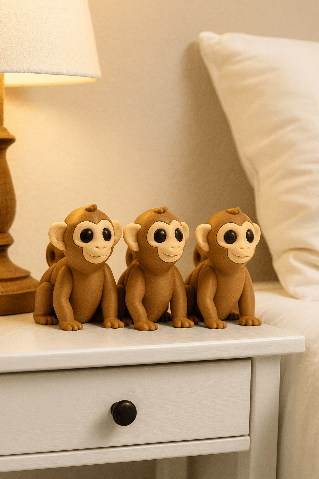 Monkey figurines: Three brown monkey decor pieces on a white nightstand, perfect for bedroom decor and home decor. Monkey figurines: Three brown monkey decor pieces on a white nightstand, perfect for bedroom decor and home decor.