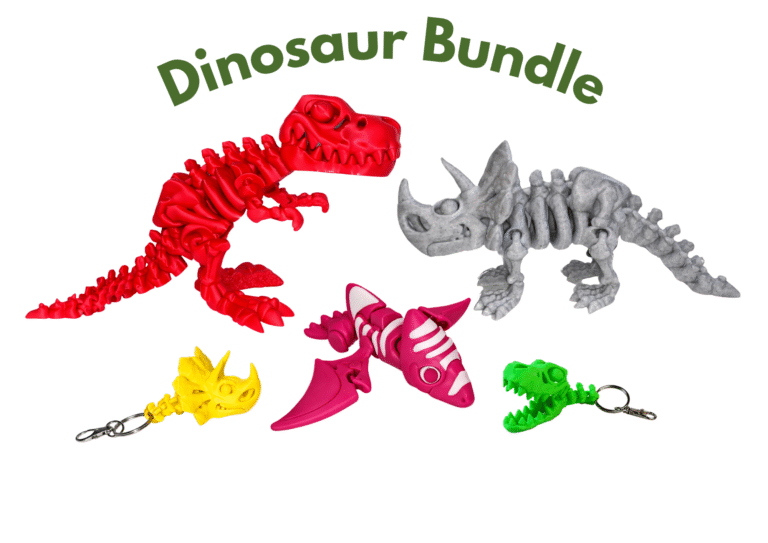 Dinosaur Pack – Jurassic World: Red T-Rex, grey Triceratops skeleton, pink Pterodactyl, yellow & green dinosaur keychains.