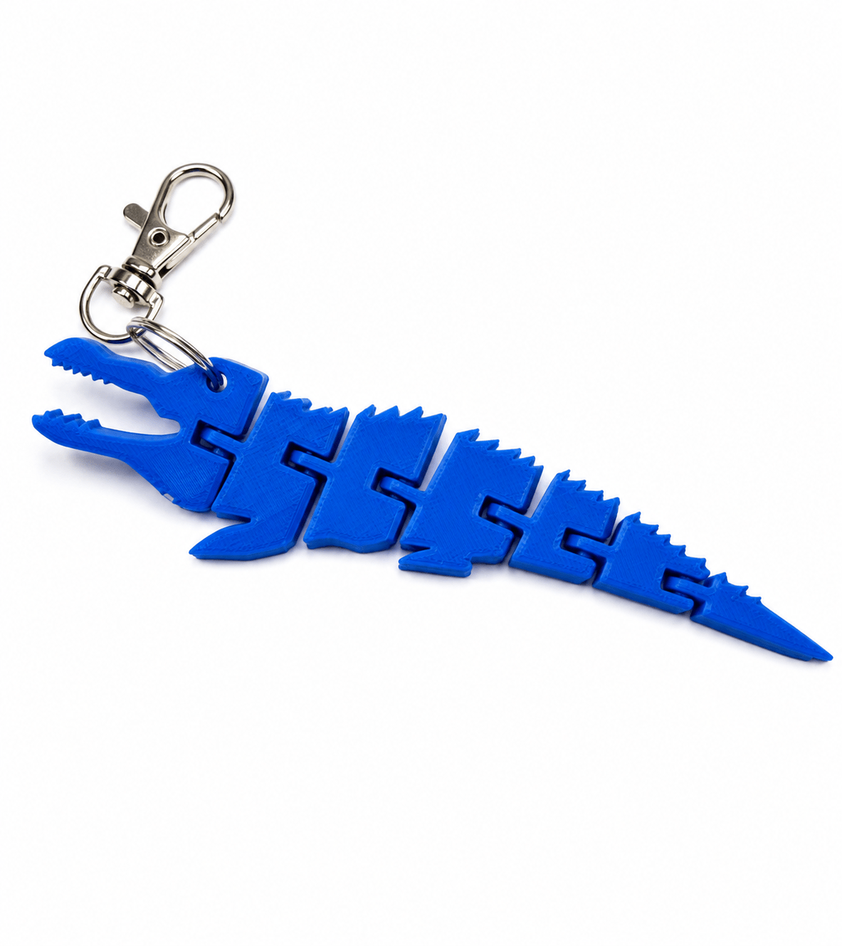 Articulated blue 3D printed crocodile keyring with a silver lobster clasp. Articulated blue 3D printed crocodile keyring with a silver lobster clasp.