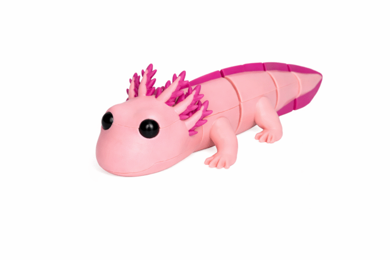 Adult Axolotl: Pink toy axolotl with segmented body and detailed feathery gills