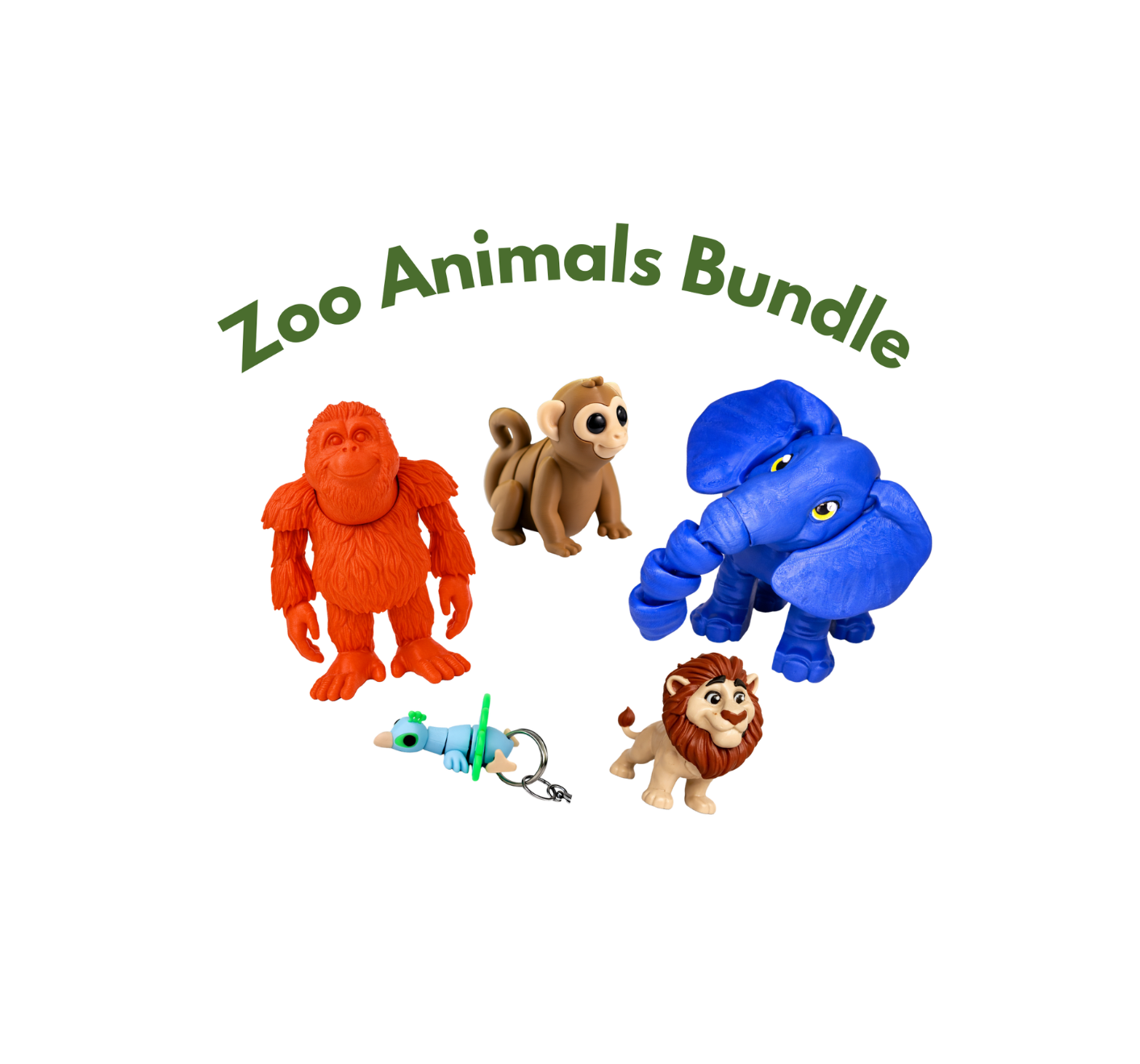 Untitled Design 19 Clay zoo animals bundle including an orangutan, monkey, elephant, lion, and a mouse keychain.