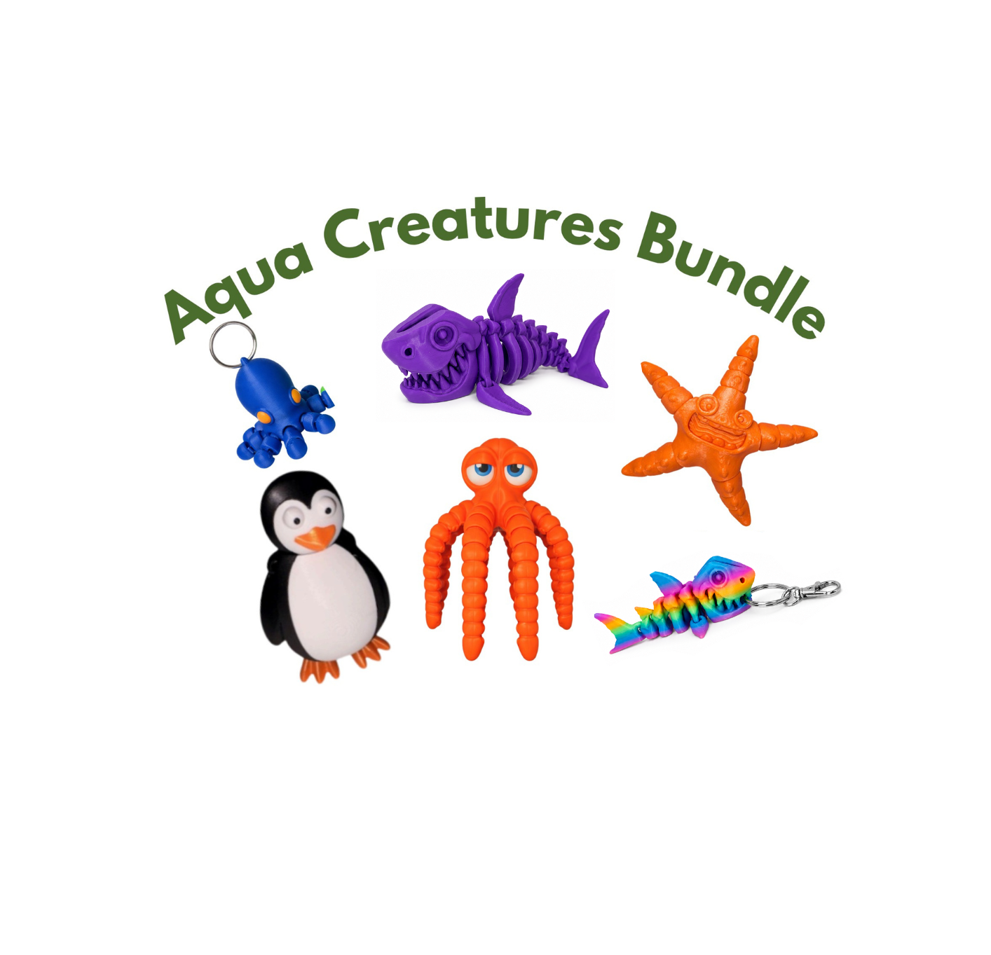 Aqua Bundle New Aqua Creatures Bundle: A purple skeleton octopus, orange octopus, penguin, orange starfish, and rainbow shark keychain.