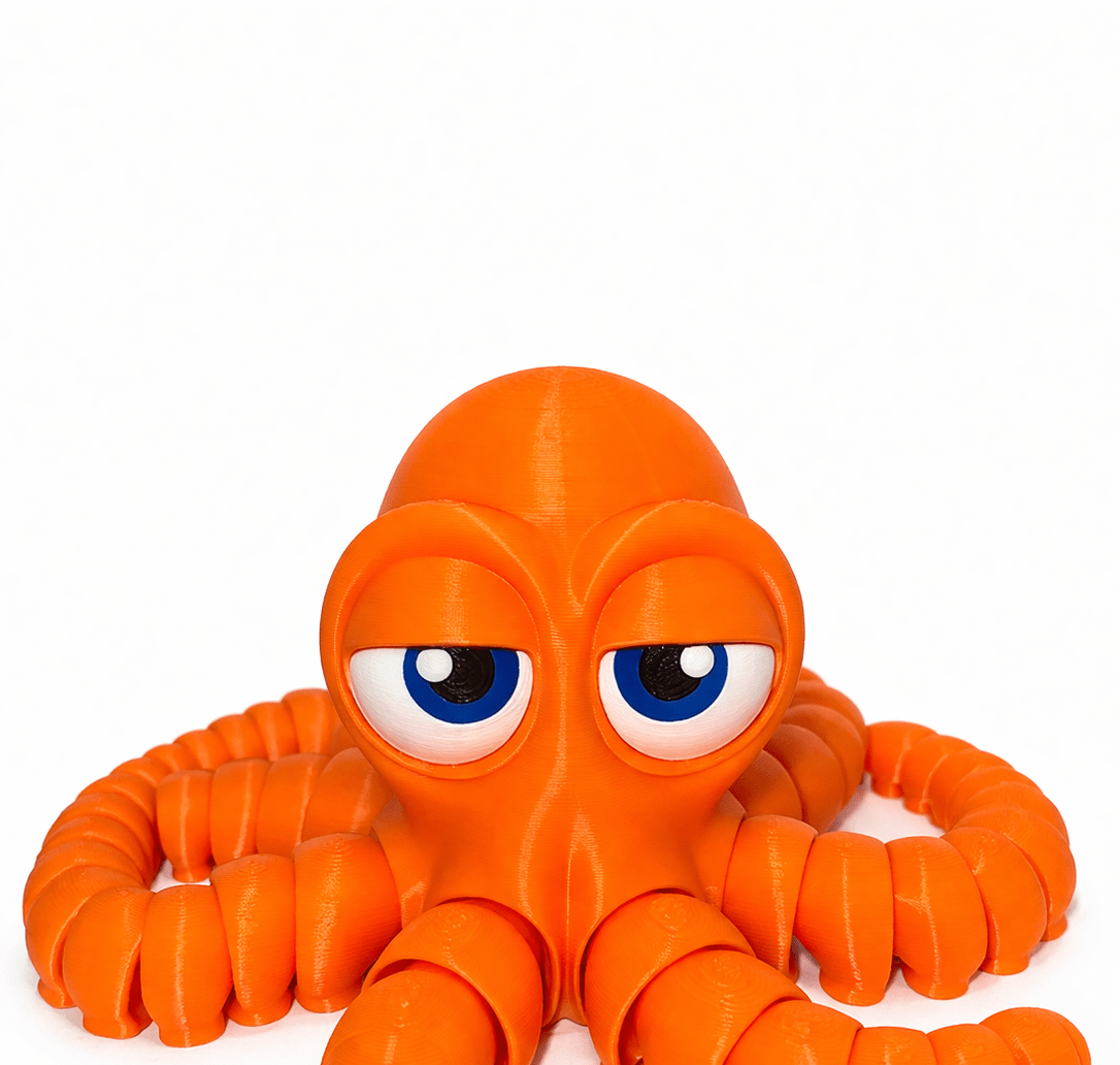 Orange Oct White Bg Close Orange 3D printed Octopus toy with big blue eyes and articulated tentacles