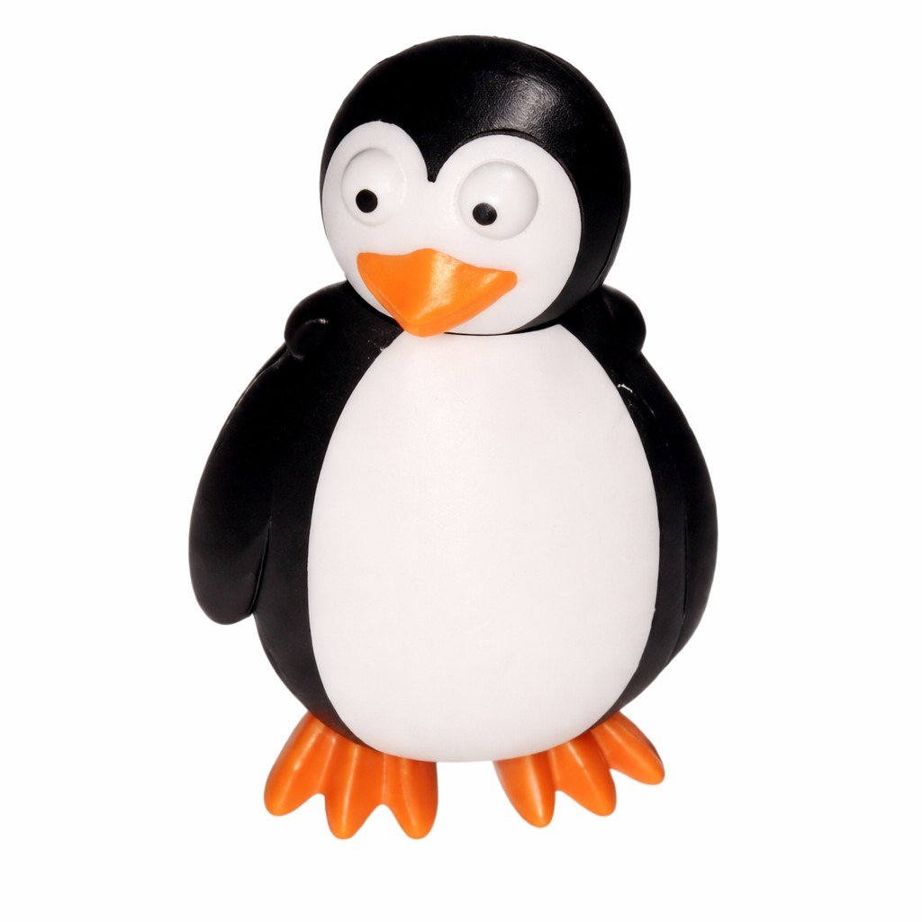 Penguin Head Turned Penguin toy: Black and white cartoon penguin figure with orange beak and feet