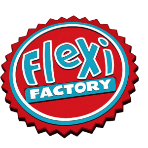 Flexi Factory logo with red, blue, and white colors