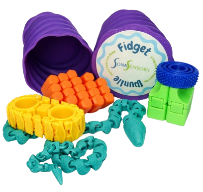 Latest News page - Sona Sensory fidget toys, including a purple container, orange, yellow, green, and blue toys.