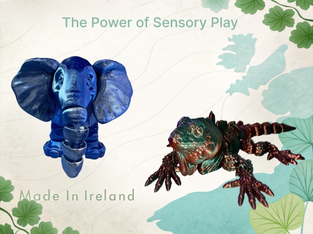 Blue elephant and lizard toys for sensory play. Text: The Power of Sensory Play, Made in Ireland.
